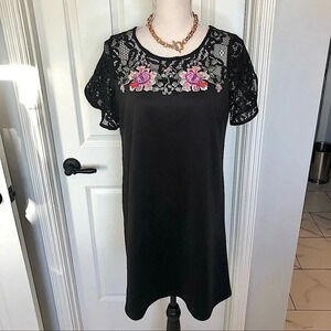 𝅺Luxology black embroidered crochet‎ top granny mod floral shift dress S